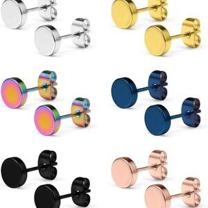 6 PAIRS 20G Stainless Steel Flat Top Stud Earrings